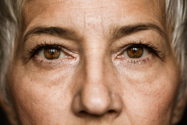 Brown-eyed senior woman. Close up of senior woman's brown eyes looking at camera. extreme close up stock pictures, royalty-free photos & images