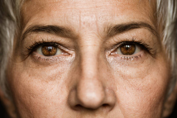 Brown-eyed senior woman. Close up of senior woman's brown eyes looking at camera. eye closeup stock pictures, royalty-free photos & images