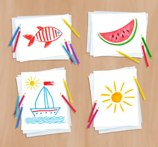 Vector illustration of Child drawing of summer doodles