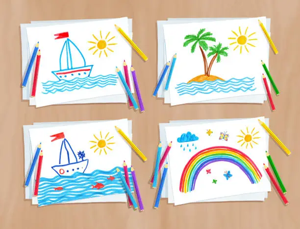 Vector illustration of Child drawing of summer vacation doodles