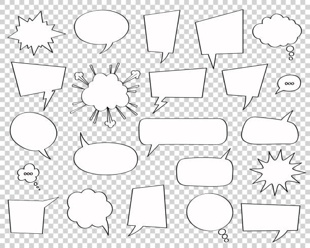 Comic style speech bubbles set on transparent background. Set of comic speech bubbles. Vector Illustration and graphic talk clouds. Cartoon fun design, art thought chat sign. comic book outline stock illustrations