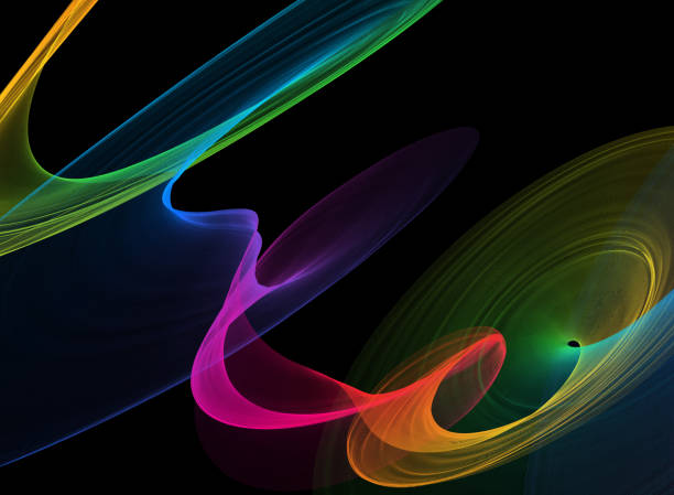 neon colorato spirale tornado vortice vortice nastro ciclone vento wispy velo morphing abstract shiny multi colored pattern sfondo nero - cyclone foto e immagini stock