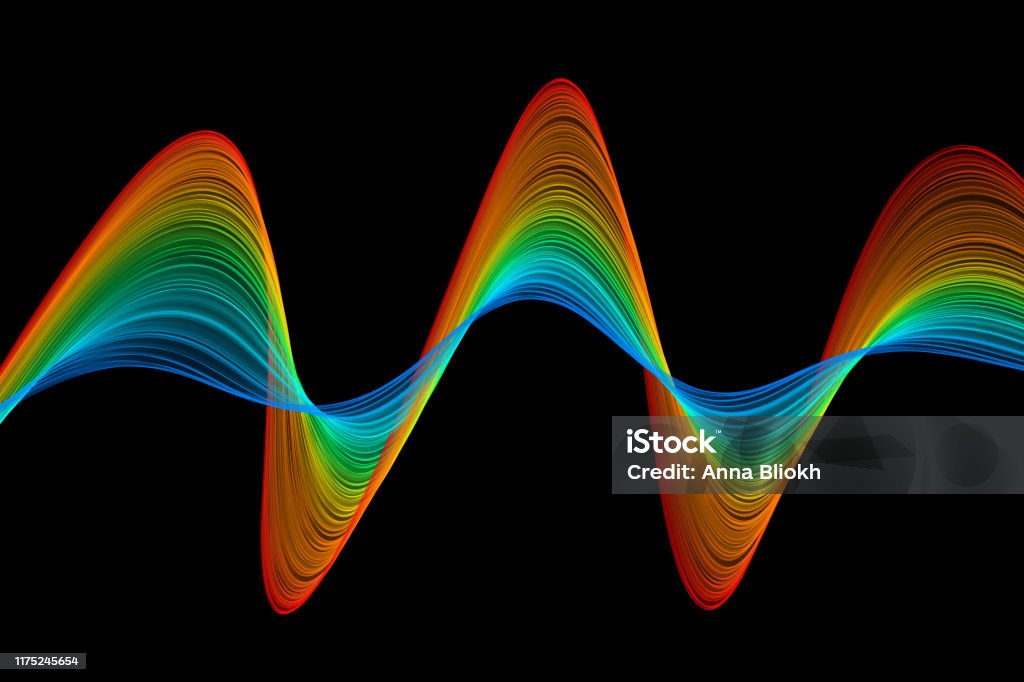 Rainbow Neon Wave Sine Sound Ribbon Silk Striped Black Background Abstract Shiny Colorful Curve Pattern Rainbow Neon Wave Sine Sound Ribbon Silk Striped Black Background Abstract Shiny Colorful Curve Pattern Digitally Generated Image Copy Space Design template for presentation, flyer, card, poster, brochure, banner Sound Wave Stock Photo