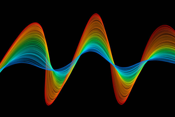 Rainbow Neon Wave Sine Sound Ribbon Silk Striped Black Background Abstract Shiny Colorful Curve Pattern Rainbow Neon Wave Sine Sound Ribbon Silk Striped Black Background Abstract Shiny Colorful Curve Pattern Digitally Generated Image Copy Space Design template for presentation, flyer, card, poster, brochure, banner frequency photos stock pictures, royalty-free photos & images