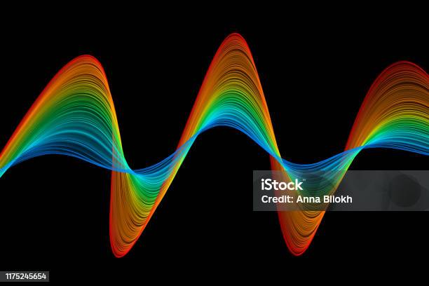 Rainbow Neon Wave Sine Sound Ribbon Silk Striped Black Background Abstract Shiny Colorful Curve Pattern Stock Photo - Download Image Now