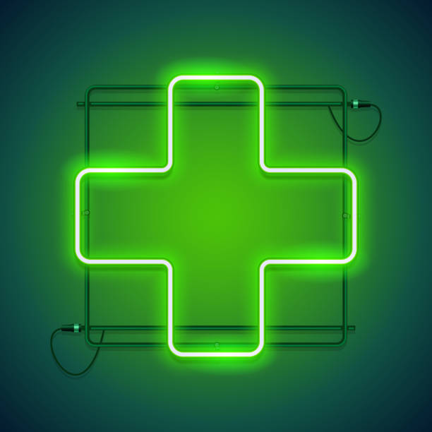 illustrations, cliparts, dessins animés et icônes de signe de néon de pharmacie avec une croix verte - pharmacie