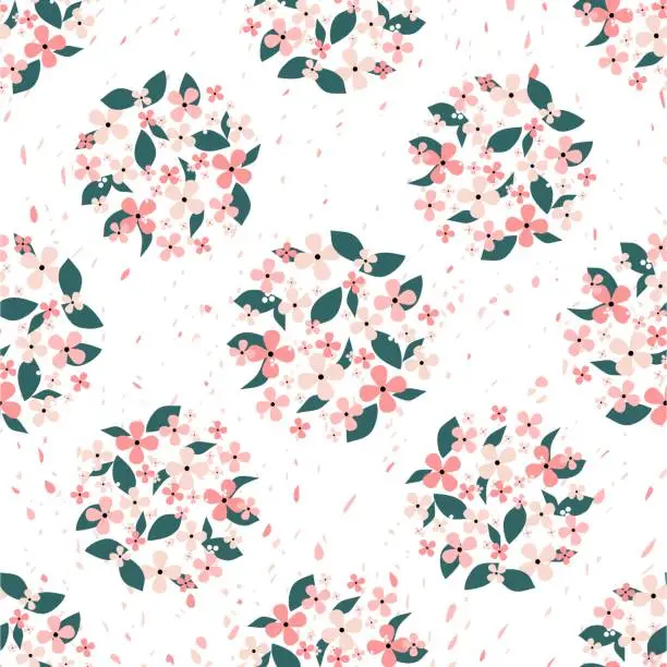 Vector illustration of Pink flowers and green leaves gathered in a circle seamless pattern with petals in the background. Seamless pink flowers vector pattern. Background vector with pink flowers, green leaves and petals.