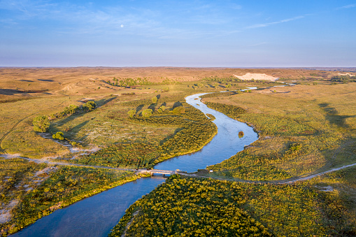 river meandering through Nebraska Sandhills - aerial view of the Middle Loup River above Halsey