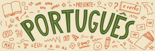 Portuguese Portuguese. Present, the verb, hi!, but, i, what?, um, one, one, one. Translate:" English. Present, the verb, hi !, but, I, What ?, one". Language hand drawn doodles. portugues stock illustrations