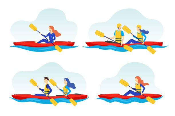 ilustraciones, imágenes clip art, dibujos animados e iconos de stock de personajes de color de dibujos animados personas y extreme water sport concept. vector - rowboat nautical vessel men cartoon