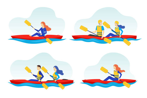 ilustrações de stock, clip art, desenhos animados e ícones de cartoon color characters people and extreme water sport concept. vector - canoe canoeing paddling oar
