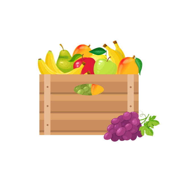 frutas em caixas de madeira - ilustração de arte em vetor
