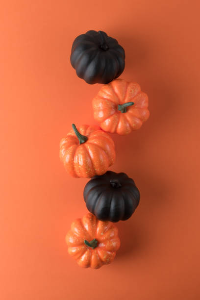 istock Creative layout of black and autumn pumpkins with orange background. Creative minimal concept. 1175256637