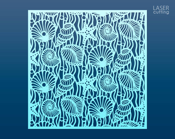 ilustrações de stock, clip art, desenhos animados e ícones de laser cut panel template with pattern of seashells and stars. decorative element for interior design in marine style. wall or window panel, die cut embellishment. cabinet fretwork screen. - starfish woodcut backgrounds vector
