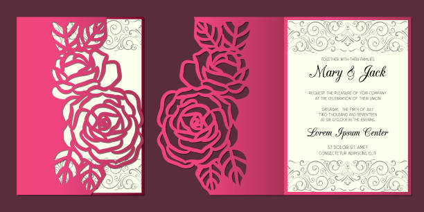 illustrazioni stock, clip art, cartoni animati e icone di tendenza di modello di biglietto d'invito per matrimoni tagliato al laser con bordo a motivi rose. modello di biglietto di nozze o di auguri per il taglio. - wedding rose lace backgrounds