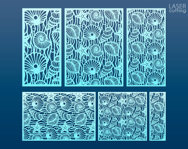 ilustrações de stock, clip art, desenhos animados e ícones de laser cut panel template set with pattern of seashells and stars. ratio 1:1, 1:2, 1:3, 2:3, 3:4. decorative elements for interior design in marine style. - starfish woodcut backgrounds vector