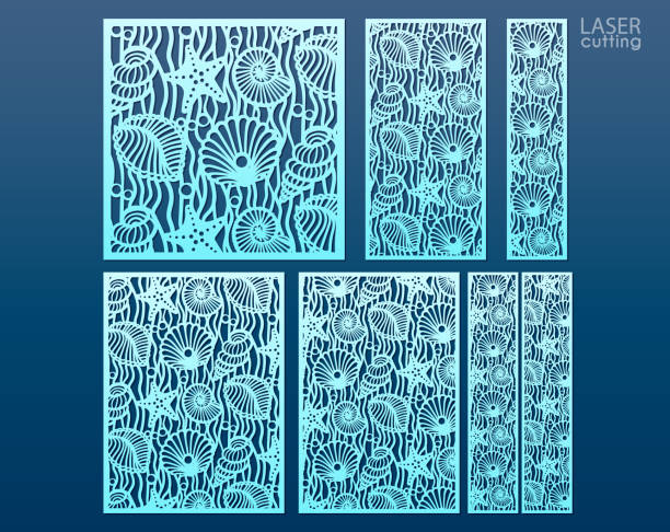 ilustrações de stock, clip art, desenhos animados e ícones de laser cut panel template set with pattern of seashells and stars. ratio 1:1, 1:2, 1:4, 2:3, 3:4. decorative elements for interior design in marine style. - starfish woodcut backgrounds vector
