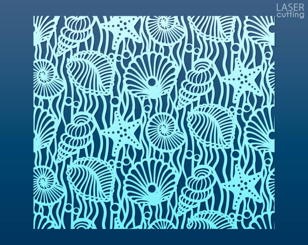 ilustrações de stock, clip art, desenhos animados e ícones de laser cut seamless element for cutting design with pattern of seashells and stars. decorative element for interior design in marine style. - starfish woodcut backgrounds vector