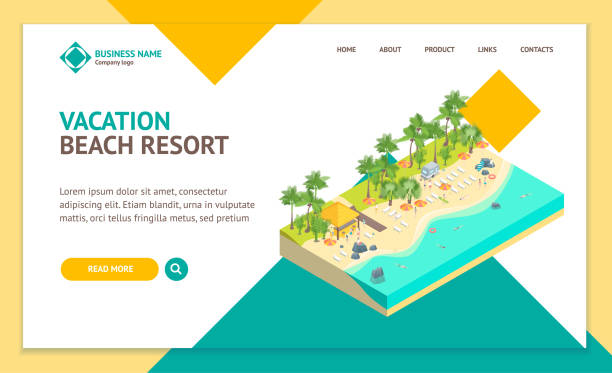 beach rest concept landing web page template 3d isometric view. vektor - isometric sea coastline beach stock-grafiken, -clipart, -cartoons und -symbole