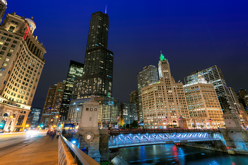 Panoramic view of Chicago Downtown at night, Michigan Avenue, Chicago, Illinois, USA.