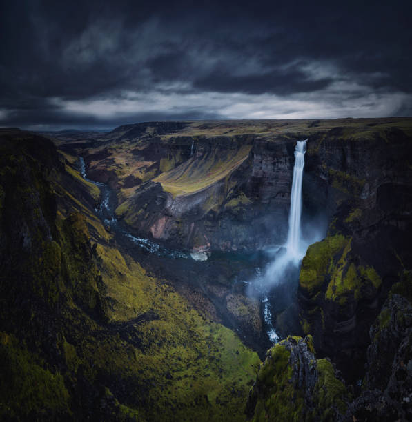 Haifoss waterfall Haifoss waterfall in iceland, landscape in cloudy rain weather condition. golden circle route photos stock pictures, royalty-free photos & images
