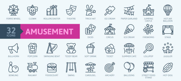 Amusement Park minimal thin line web icon set. Amusement Park minimal thin line web icon set. Included the icons as Rollercoaster, Carousel, Ferros Wheel and more. Outline icons collection. Simple vector illustration. amusement park stock illustrations