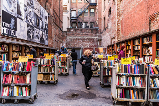Boston, USA - March 19, 2016: Brattle Bookshop in Boston. It is an antiquarian book shop that uses vacant parking lot next to it selling books.