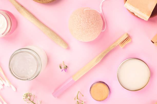 istock Plastic-free, zero waste cosmetics, flat lay on a pink background. Bamboo toothbrushes and cotton swabs, konjac sponge, natural organic products pattern 1175269993