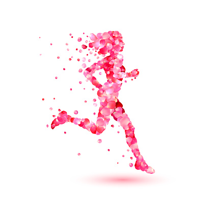 Silhouette of a running girl of pink rose petals. Women race vector emblem