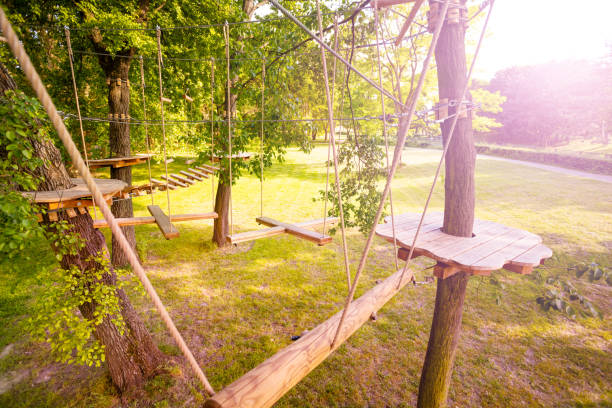 istock Ropes park equipment for kids on the trees 1175270306