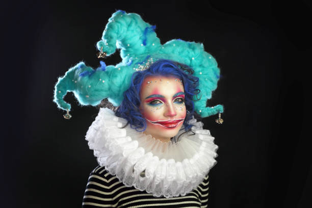 girl in makeup and costume jester . - harlequin mask black sadness imagens e fotografias de stock