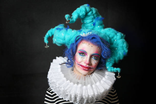 girl in makeup and costume jester . - harlequin mask black sadness imagens e fotografias de stock