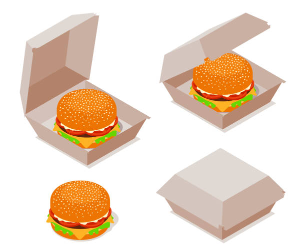 burger mit offenem und geschlossenem karton. isometrische vektor-illustration - menu fast food restaurant food beef stock-grafiken, -clipart, -cartoons und -symbole