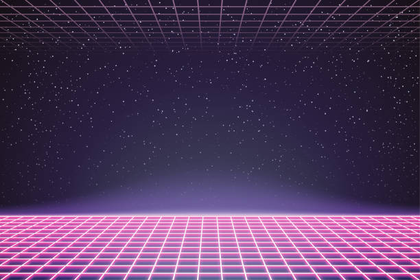 illustrazioni stock, clip art, cartoni animati e icone di tendenza di griglia laser nello spazio profondo. modello futuristico retrò in stile anni '80. synthwave, retrowave, tema vaporwave - retro theme