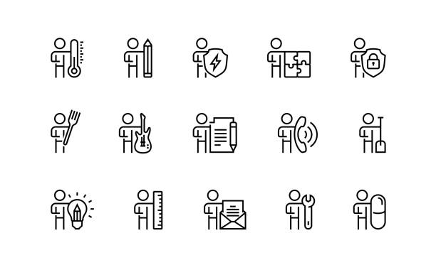 사람 및 직업, 활동, 윤곽 선 스타일로 설정 된 직업 벡터 아이콘 - fork wrench stock illustrations