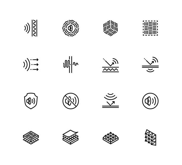 Acoustics and Acoustical Properties of Materials. Vector Icon set in Outline Style vector art illustration