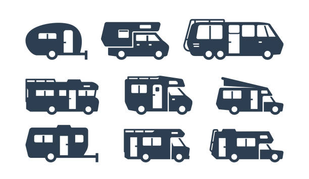 ilustraciones, imágenes clip art, dibujos animados e iconos de stock de coches rv, vehículos recreativos, camper vans silhouettes - rv
