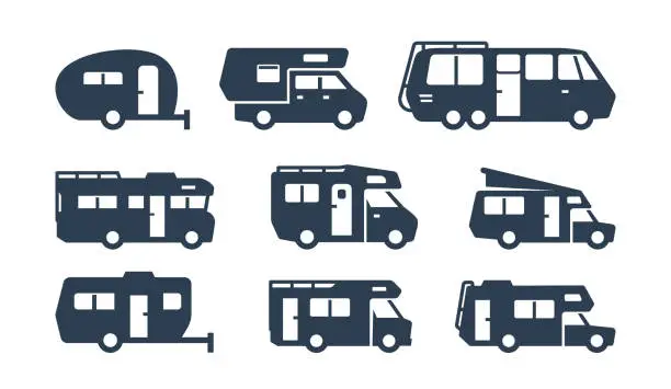 Vector illustration of RV Cars, Recreational Vehicles, Camper Vans Silhouettes