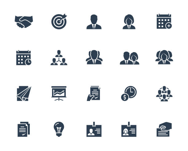 Business and People Vector Icon Set in Glyph Style with Such Icons as Businessperson, Handshake, Calendar, Management, Hierarchy, Team, ID, Contract and Others Business and People Vector Icon Set in Glyph Style with Such Icons as Businessperson, Handshake, Calendar, Management, Hierarchy, Team, ID, Contract and Others business and finance icons stock illustrations