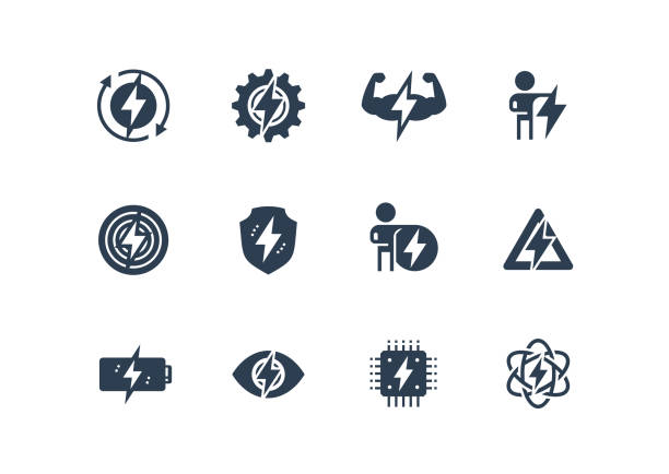 ilustraciones, imágenes clip art, dibujos animados e iconos de stock de icono vectorial relacionado con energía y electricidad establecido en estilo de glifo - producción de combustible y energía