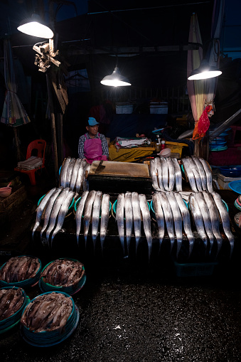 As evening falls on the Korean city of Busan, a man sells fish and squid at the famous Jagalchi Market. (September 2019)