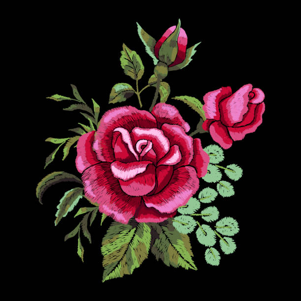 istock Red rose embroidery on black background. T-shirt design, element for greeting cards. Trend floral design. Satin stitch imitation, vector. 1175280265