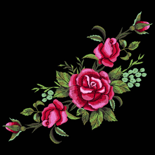 istock Red roses embroidery on black background. T-shirt design, element for greeting cards. Trend floral design. Satin stitch imitation, vector. 1175280598