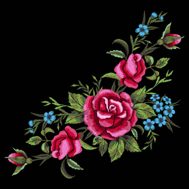 istock Red roses and blue flowers embroidery on black background. T-shirt design, element for greeting cards. Trend floral design. Satin stitch imitation, vector. 1175280772