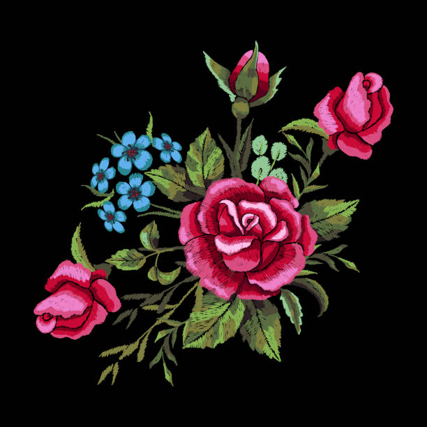 istock Red roses and blue flowers embroidery on black background. T-shirt design, element for greeting cards. Trend floral design. Satin stitch imitation, vector. 1175280945