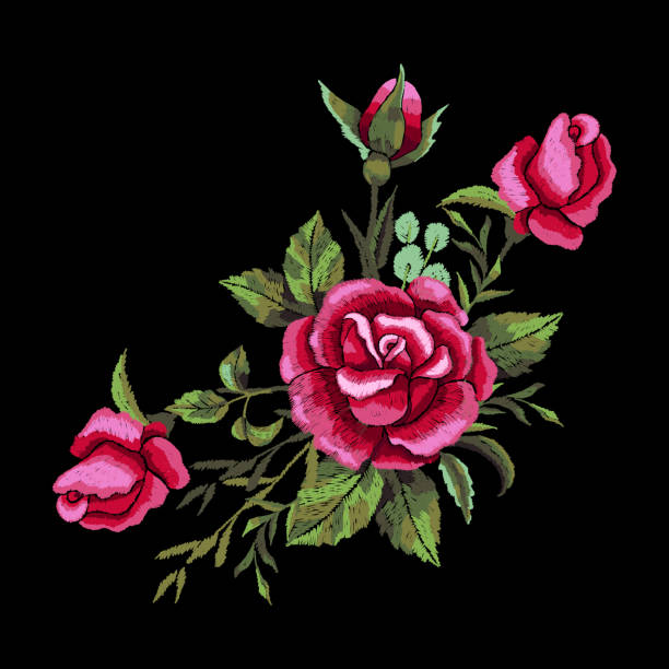 istock Red rose embroidery on black background. T-shirt design, element for greeting cards. Trend floral design. Satin stitch imitation, vector. 1175280953