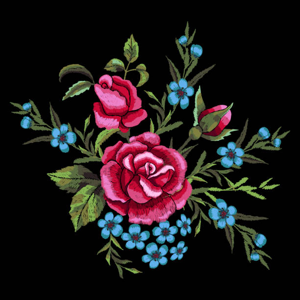 istock Red roses and blue flowers embroidery on black background. T-shirt design, element for greeting cards. Trend floral design. Satin stitch imitation, vector. 1175280979