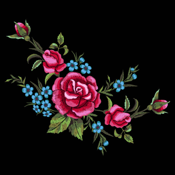 istock Red roses and blue flowers embroidery on black background. T-shirt design, element for greeting cards. Trend floral design. Satin stitch imitation, vector. 1175281526