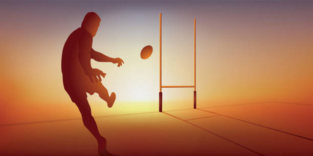A rugby player manages to convert a try by hitting the ball with his foot. Concept of the rugby match with a player who transforms a try, hitting the ball to send it between the posts. rugby stock illustrations