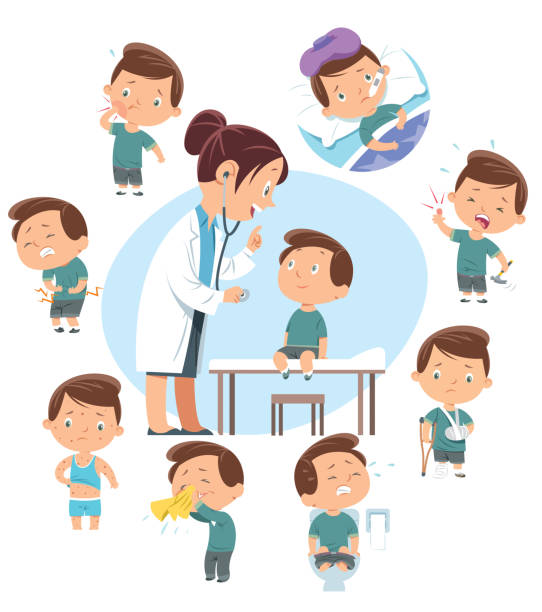 ilustraciones, imágenes clip art, dibujos animados e iconos de stock de médicos y niños enfermedades - child illness doctor medicine